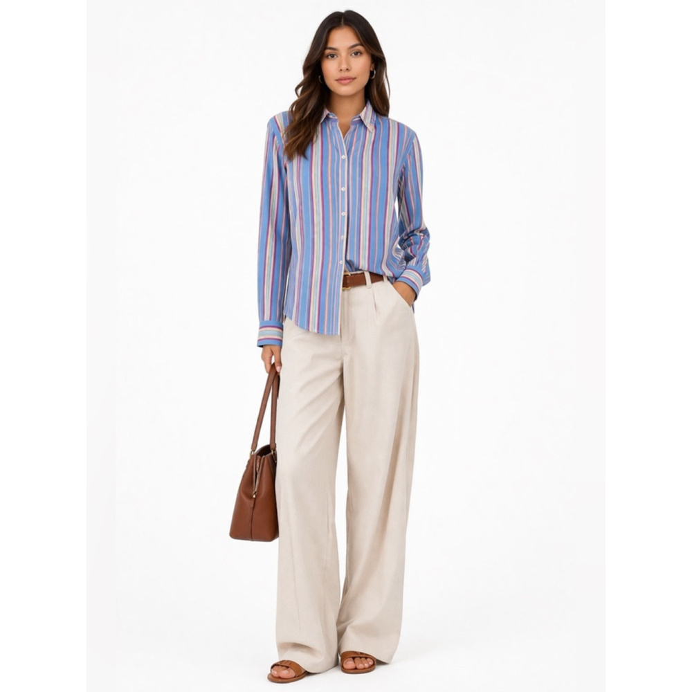 Lauren Ralph Lauren Blue Multicolor Stripe Button Front Shirt Classic Tailored m